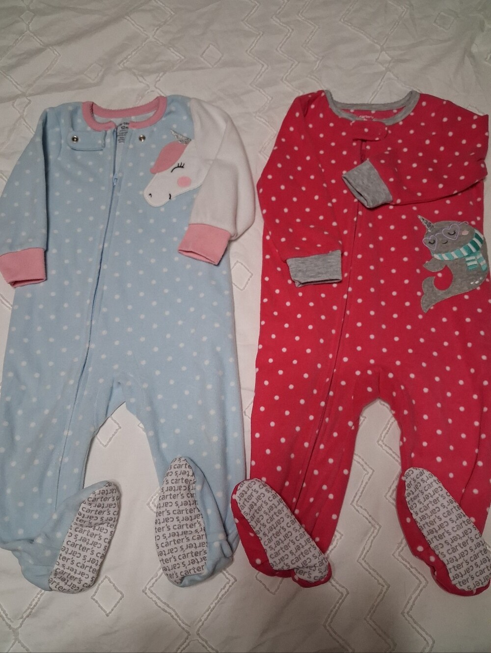 Carter's Baby Girls Polka Dot One-Piece Sleepers - Blue Unicorn & Red Fox